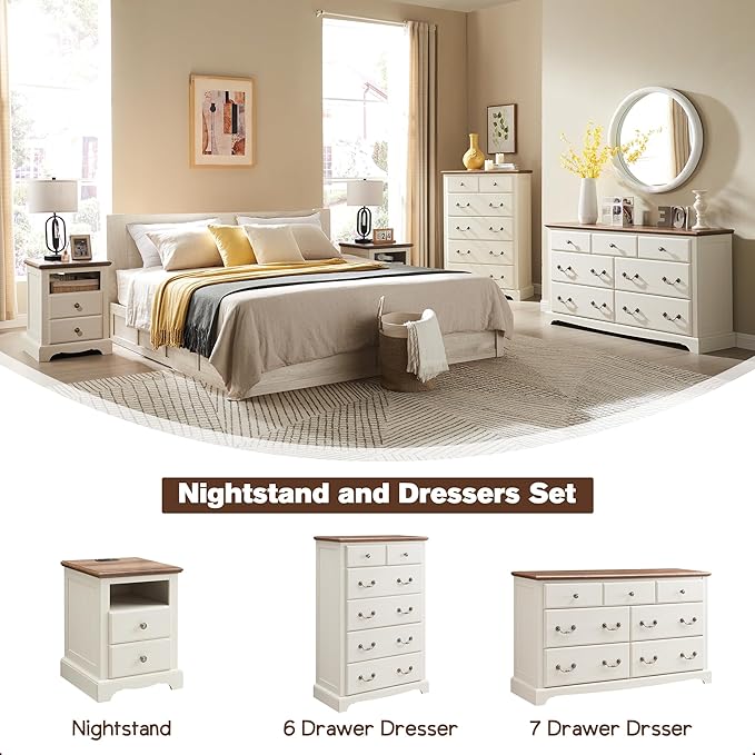 T4TREAM Nightstand with Charging Station, 18 Inch Vintage End Table with 2 Drawers, Wood Rustic Sofa Side Table with Open Storage Shelf for Bedroom, Living Room, Antique White-Ruum Studio Home