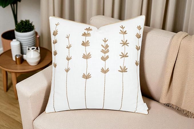 VAGMINE Hand Embroidered Daisy Accent Throw Pillow Cover - 18x18 Inches Square - 100% Cotton Ivory Decorative Cushion Cover for Couch, Sofa, Living Room - Textured Embroidery - Cozy Floral Home Décor-Ruum Studio Home