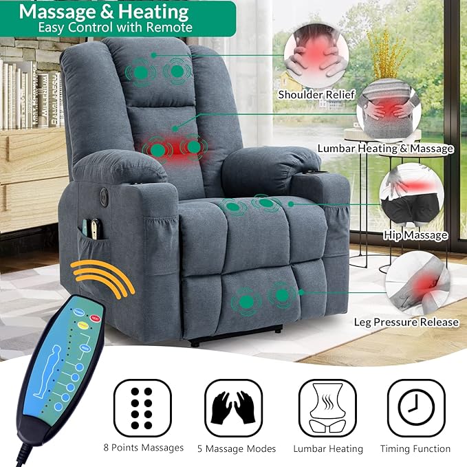 VIVIJASON Power Lift Chair Electric Recliner for Elderly Heated Vibration Massage Soft Fabric Recliner Chair with 2 Remote Controls, USB Ports, Side Pockets & Cup Holders for Living Room (Blue)-Ruum Studio Home