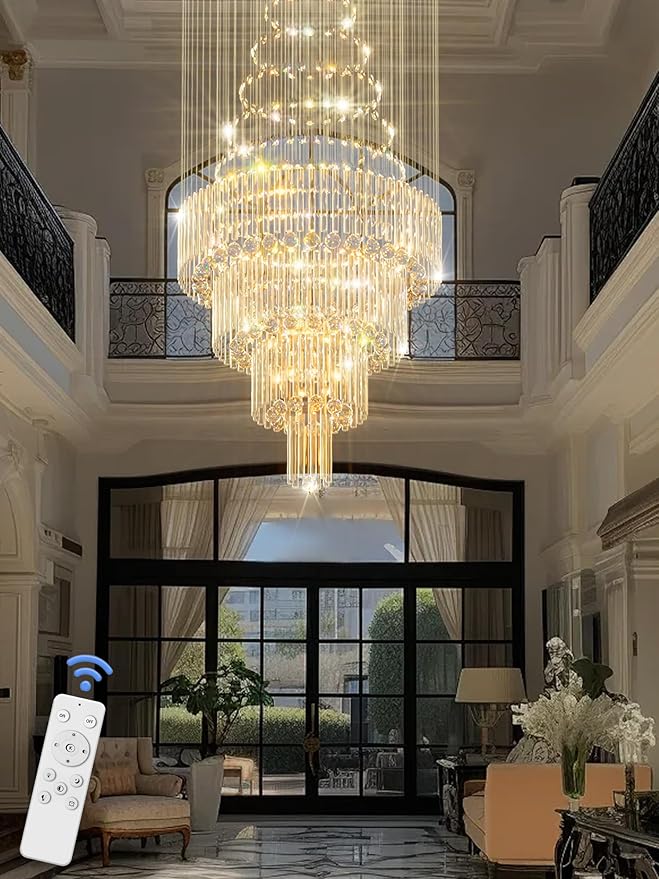 D32''X H100'' Large Crystal Chandelier Lighting, Modern LED Round Raindrop Flush Mount Ceiling Light Fixture for Hotel Staircase Hallway Modern Crystal Chandelier Suitable for Sloping Ceiling-Ruum Studio Home