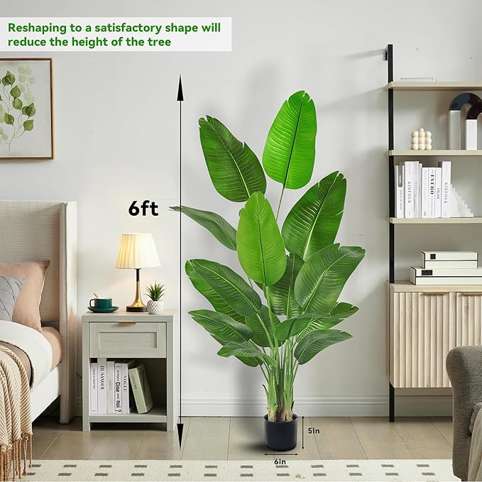 Fake Bird of Paradise Silk Artificial Plant Faux Banana Leaf Tree for Home Decor Indoor Floor Plant with 10 Trunks (1, Black Planter, 6 FT)-Ruum Studio Home