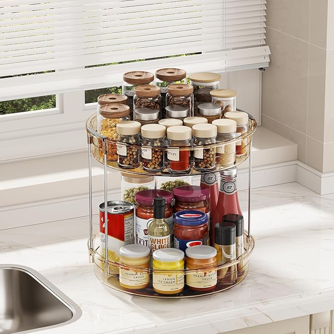 LAMU 2 Pack 2 Tier Lazy Susan Turntable Organizer 12'' Rotating Spice Rack Organization for Cabinet, Kitchen, Pantry, Countertop, Bathroom, Vanity, Medicine Cabinet Organizer, Amber-Ruum Studio Home