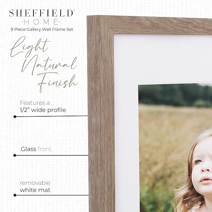Sheffield Home 9 Piece Gallery Wall Frame Set, 11x14 Inch, Light Natural-Ruum Studio Home