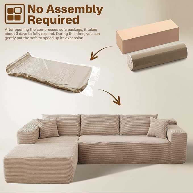 104" Cloud Sectional Couches for Living Room,L Shaped Boneless Couch in A Box,Sleeper Sofa with Comfy Chaise No Assembly Required,Camel-Ruum Studio Home