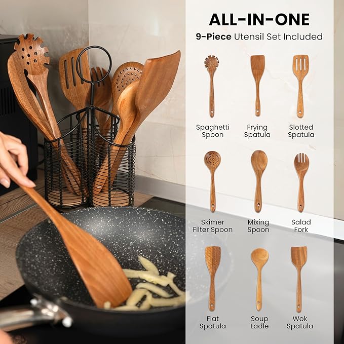 360° Rotating Kitchen Utensil Holder- 3 Compartment Organizer with Cork Bottoms | Includes Premium 9-Piece Acacia Wood Utensil Set | Professional & Home Luxury Design | Metal Utensil Crock (Black)-Ruum Studio Home