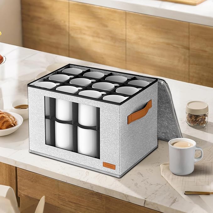 2-Layer Coffee Mug Storage Box with Dividers, Cup Storage Organizer with Zipper Lid and Handles, Stackable China Storage Containers Service for 24 Mugs, Cups and Glasses, Light Grey-Ruum Studio Home
