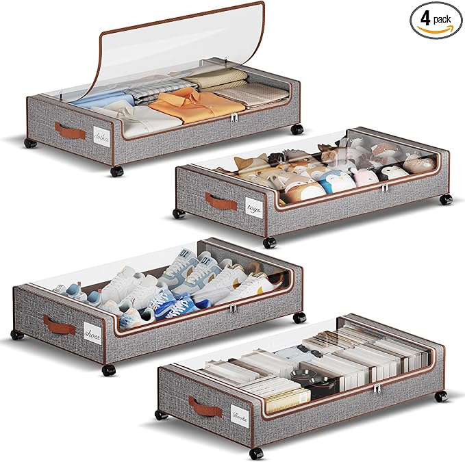 Yecaye Under Bed Storage with Wheels, 4 Pack Under Bed Storage Containers with Clear Lids & Label, XXL Large Lapacity Rolling Under Bed Drawers for Clothes, Shoes, Blankets-Ruum Studio Home