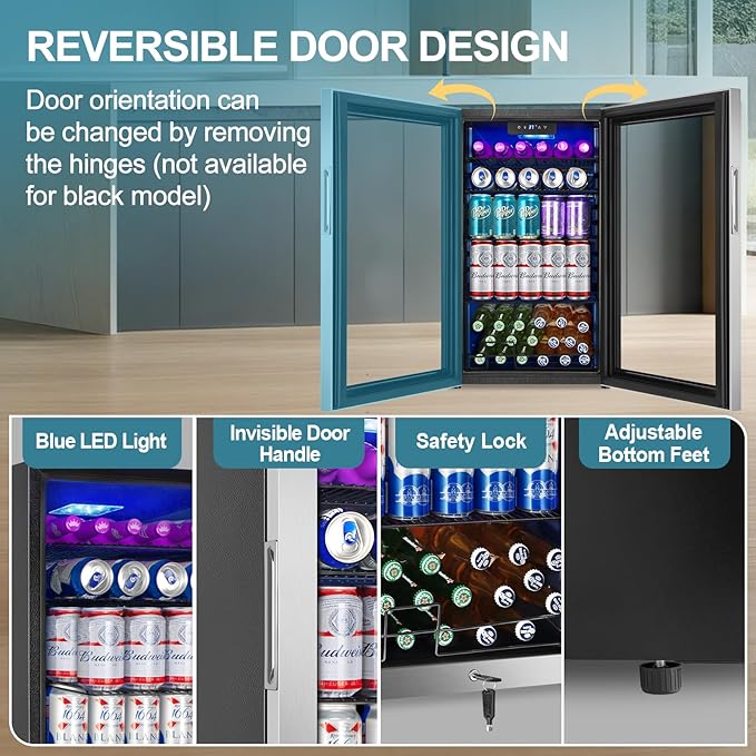 Beverage Refrigerator Cooler, 128 Cans Mini Fridge Glass Door for Drink Beer Soda Wine, 3.2 Cu.Ft Small Fridge for Kitchen Bedroom Office Bar, with 4 Adjustable Removable Shelves, Stainless Steel-Ruum Studio Home
