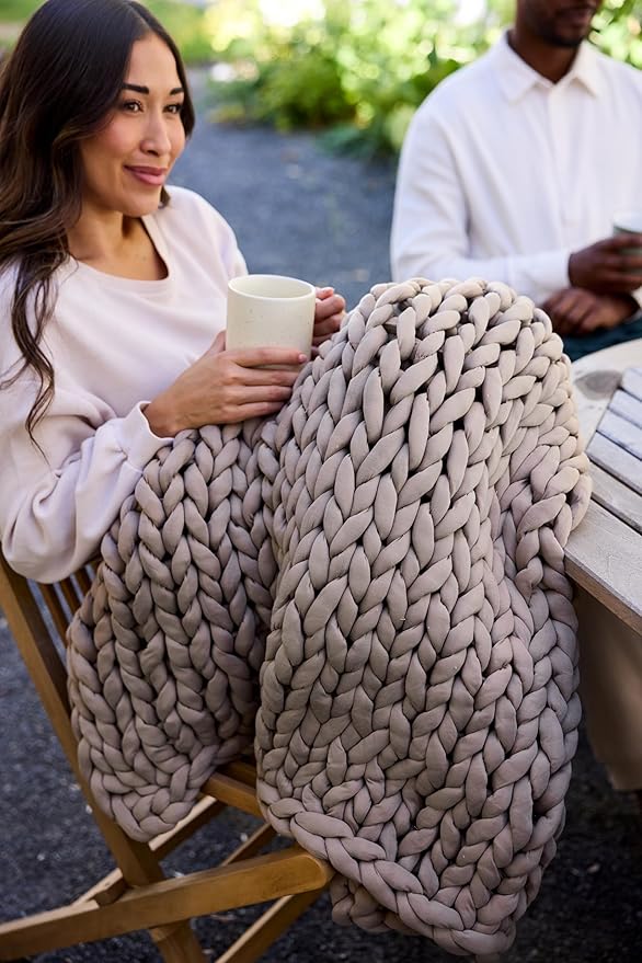 Nuzzie Chunky Knit Weighted Blanket - Breathable, Cooling, Hand Made Knit Throw Blanket for Sleep for Relaxation - Machine Washable, Stylish Design (Taupe, Throw | 12lbs | 44"x60")-Ruum Studio Home