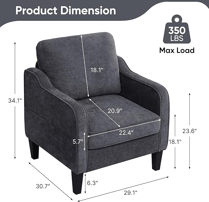 Accent Chairs Set of 2, Upholstered Living Room Chairs with Side Pockets, Mid Century Modern Reading Chair for Bedroom, Comfy Armchair Single Sofa Side Chair for Office, Small Room, Dark Grey-Ruum Studio Home