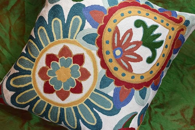 Daisy Floral Pillow Cover Teal Flower Pillowcase Flowery Outdoor Cushion Suzani Accent Pillowsham Flower Floral Chair Cushion Hand Embroidered Cushions Wool Size 18x18-Ruum Studio Home