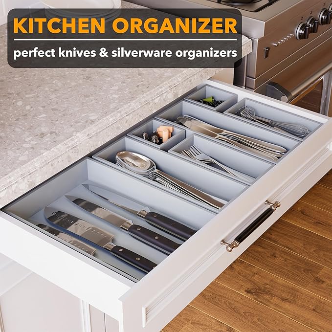 SpaceAid 7-Piece Bamboo Drawer Organizer Storage Boxes Set, Wood Tray Junk Drawer Organizers Multi-Use Divider Bins for Kitchen, Bathroom, Office Desk and Makeup Organization (7 Pack, Gray)-Ruum Studio Home