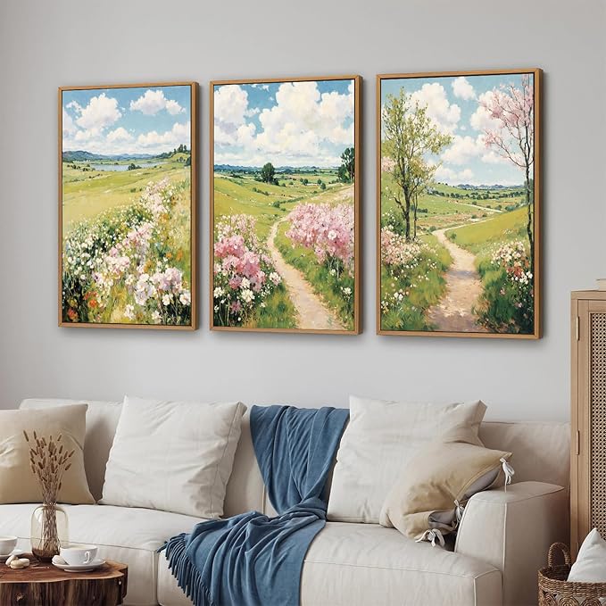 Tinonedraw Rustic Landscape Framed Canvas Wall Art Triptych, Blue and White Wall Decor, Vintage Botanical Floral Artwork, Modern Country Nature Farmhouse Art Prints for Living Room Bedroom 16"x24"x3-Ruum Studio Home