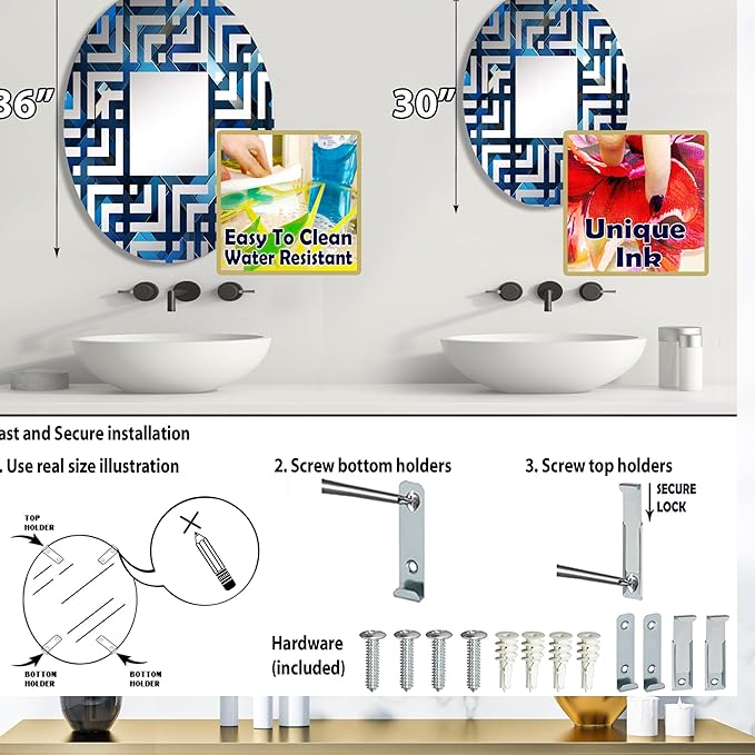 Symmetric Cubes in Deep Cobalt Blue - Geometric Maze - 24x36 Inches - Oval Decorative Wall Mirror for Bathroom, Bedroom, Entryway, Living Room, Vanity Room and Modern Décor-Ruum Studio Home