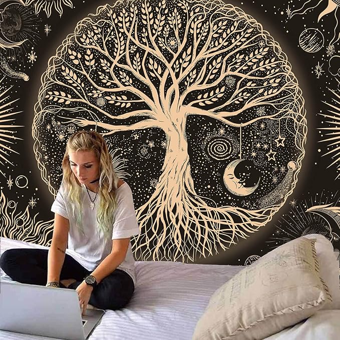 FORATER Tree of Life Tapestry Wall Hanging Sun Moon Stars Tapestries Aesthetic Galaxy Wall Tapestry Nature Home Decoration for Living Room Bedroom(61 x 82 Inch, Black and Gold)-Ruum Studio Home