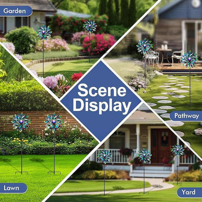 360°Peacock Solar Wind Spinner with Lights Blue Metal Garden Outdoor Decor Yard Lawn Art Decor for Patio Kinetic Windmills Unique Gifts for Friends and Family 51.9' H x 12.2'' Dia-Ruum Studio Home