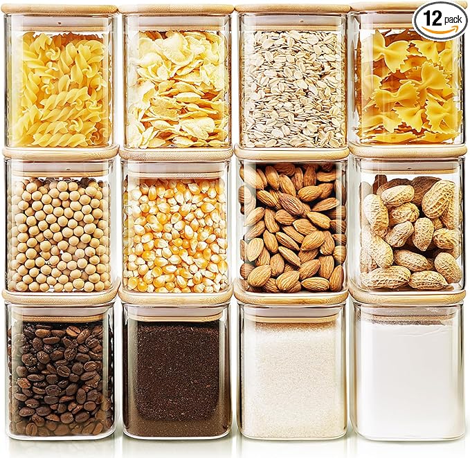 Square Glass Jars with Bamboo Lids 17 FL OZ [Set of 12], Glass Canisters with Airtight Lids, Glass Food Storage Containers for Spice, Sugar, Tea, Candies, Cookies, Best for Kitchen & Pantry-Ruum Studio Home