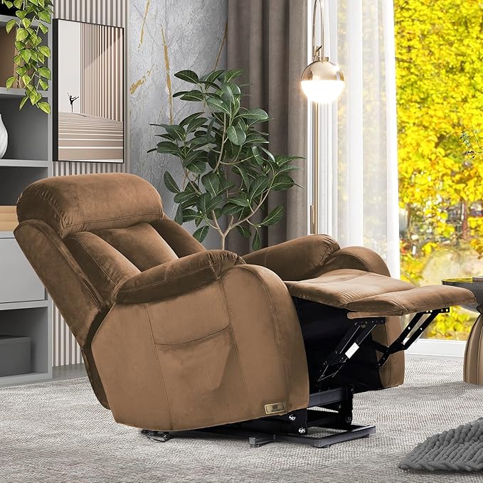 Power Lift Chair Recliners for Elderly, Modern Adult Power Lift Recliner, Velvet Upholstery Electric Lift Chair Recliner with Side Pocket for Living Room (Brown)-Ruum Studio Home