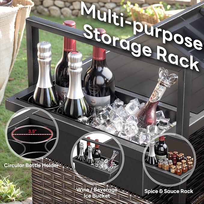 Outdoor Bar Cart with Storage Cabinet, Outdoor Grill Cart with Wheels, Rattan Bar Cart with Tempered Glass Tabletop, Outdoor Buffet Cabinet Table Cart for Mini Bar, BBQ, Food Serving, Brown Wicker-Ruum Studio Home