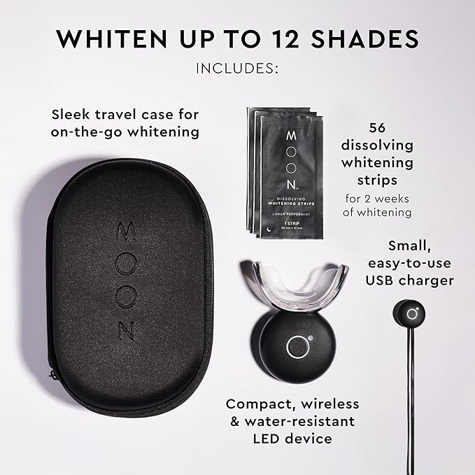 MOON LED Teeth Whitening Kit - Gentle Teeth Whitener Device, 56 White Strips, USB Charger & Travel Case - Blue Light Whitening Tray Removes Stains & Whitens Up to 12 Shades in 2 Weeks (4 Piece Kit)-Ruum Studio Home