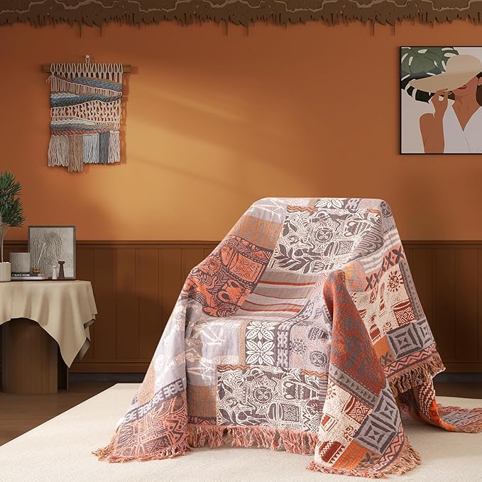 Boho Throw Blanket Twin Size, Soft Cozy Cotton Muslin Quilt Blanket for Bed Decor, Patchwork Block Couch Sofa Chair Cover, Vintage Farmhouse Cottage Tapestry Woven Blanket, Red&Orange-Ruum Studio Home