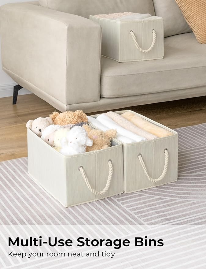 StorageWorks Storage Baskets for Shelves, Foldable Fabric Closet Storage Bins with Handles, Fabric Storage Bins Clothes Organizer, Beige, White & Ivory, 3-Pack, Large-Ruum Studio Home