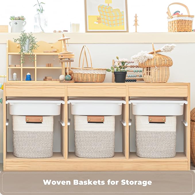 danpinera 11 Inch Storage Baskets, Woven Baskets for Organizing, 3 Pack Storage Cubes for Shelves, Closet, Nursery with Removable Leather Handles, White & Mixed Brown-Ruum Studio Home