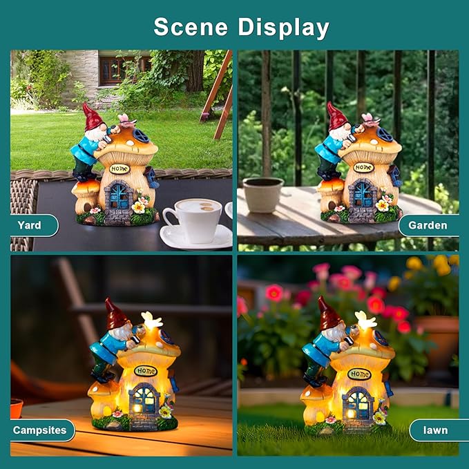 Garden Gnome Statues Figurine Lights - Solar Powered Lighting Outdoor Decorations, Gnome Build Mushroom Fairy House, Yard Art Lawn Ornaments for Porch Patio Balcony - Gnome Gifts for Women Mom-Ruum Studio Home