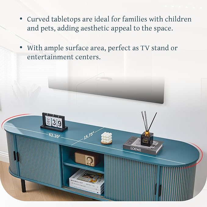 62" Tambour Door TV Stand,Wood Mid Century Modern TV Cabinet for Up to 75“ TV,Curved Edge Long TV Stand with Storage for Bedroom Living Room(62.2inch,Blue)-Ruum Studio Home