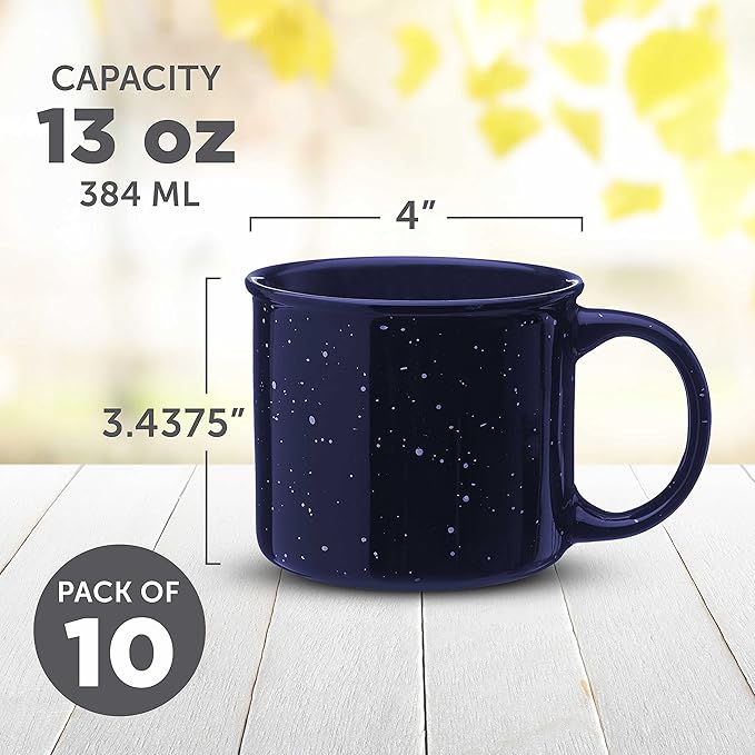 DISCOUNT PROMOS Ceramic Campfire Coffee Mugs 13 oz. Set of 10, Bulk Pack - Perfect for Tea, Espresso, Cappuccino, Hot Cocoa - Blue-Ruum Studio Home