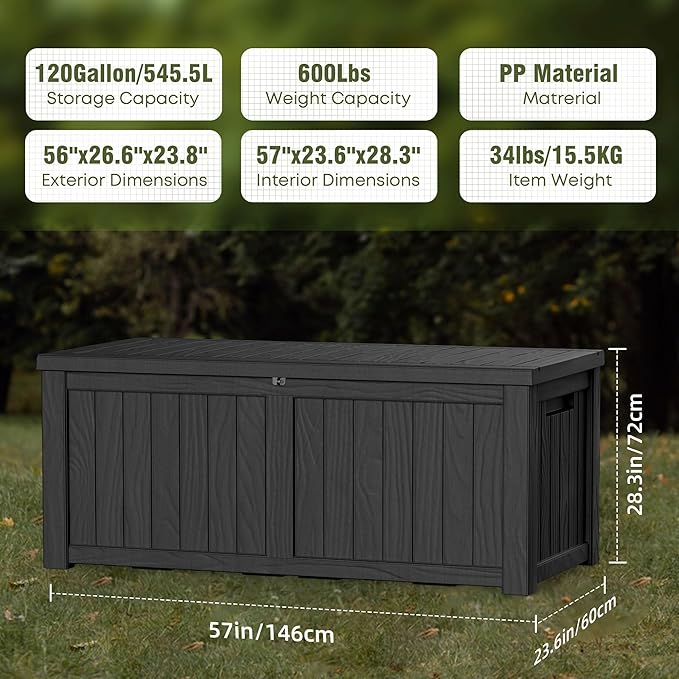 120 Gallon Patio Storage Box, Large Outside Storage Bin for Patio Furniture Covers, Cushion Pillows, Waterproof Outdoor Storage Bench for Towels, Garden Tools and Pool Accessories, Black-Ruum Studio Home