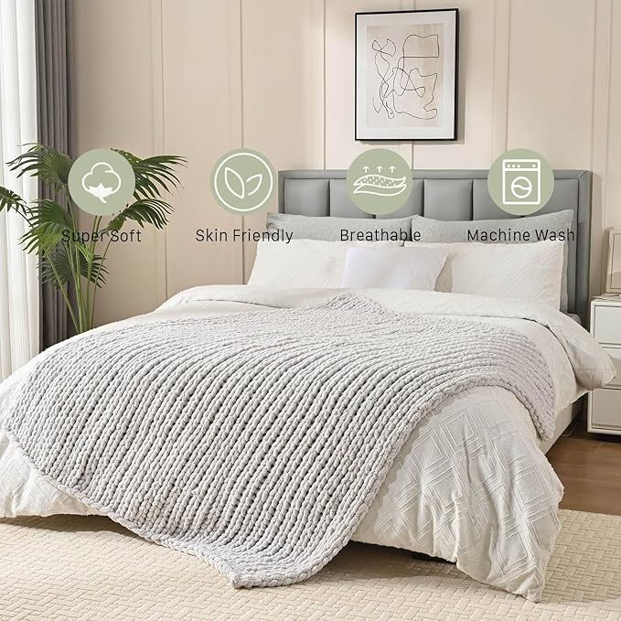 Esterra Chunky Knit Blanket Throw 50"x60", 100% Hand Knitted Chenille Throw Blanket, Cozy Soft Thick Cable Knit Throw Large Rope Knot Crochet Throw Blanket for Sofa Couch Bed, Light Gray-Ruum Studio Home