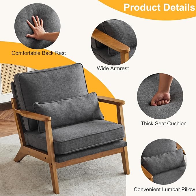 Karl home Accent Chair Wide Armrest Mid-Century Lounge Chair Linen Fabric Armchair with Lumbar Pillow & Solid Wood Frame for Living Room, Bedroom, Balcony, Gray-Ruum Studio Home