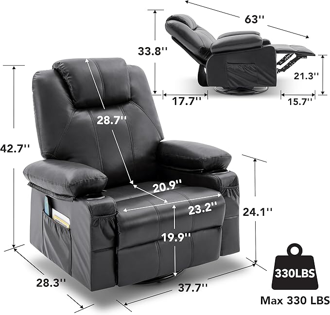 Swivel Rocker Recliner Chair with Heat and Massage, 360 Degree Swivel Rocking Single Sofa with Cup Holders and USB Port, Large Big Recliner Chair for Living Room (Leather, Black)-Ruum Studio Home