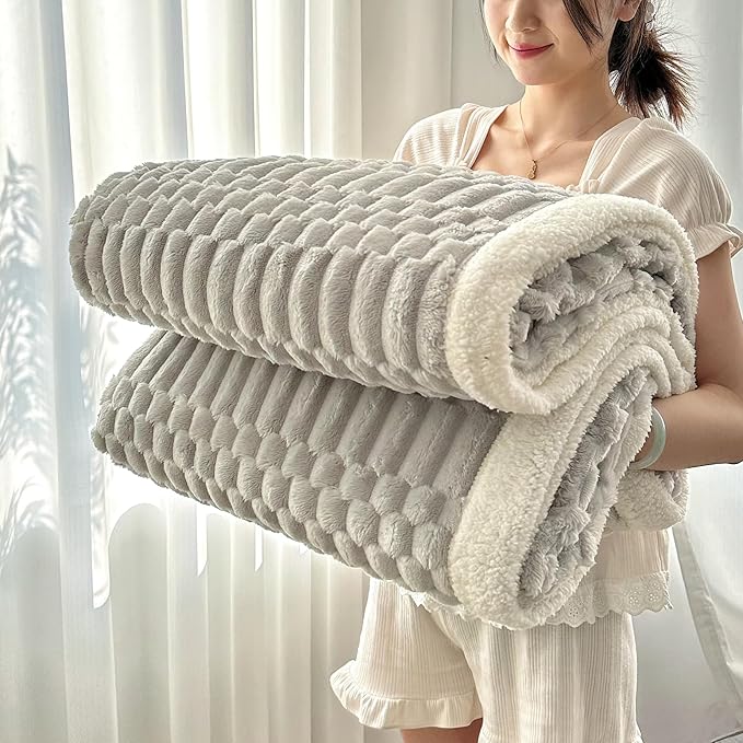 UKELER Sherpa Throw Blanket 60 × 80 inch, 470 GSM Striped Sherpa Fleece Blanket for All Season, Warm and Cozy Blankets for Couch Sofa Bed Office Camping, Silver Gray-Ruum Studio Home