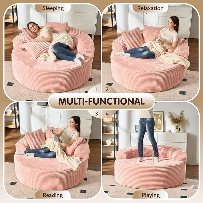 ovios 58" Oversized Round Chair Lounge Chaise Indoor, No Assembly Required, Cloud Large Circle Chair with Plush Fuax Fur, Fluffy Modern Sleeper Sofa Bed for Reading Yoga, Pink (Plush Corduroy Fabric)-Ruum Studio Home