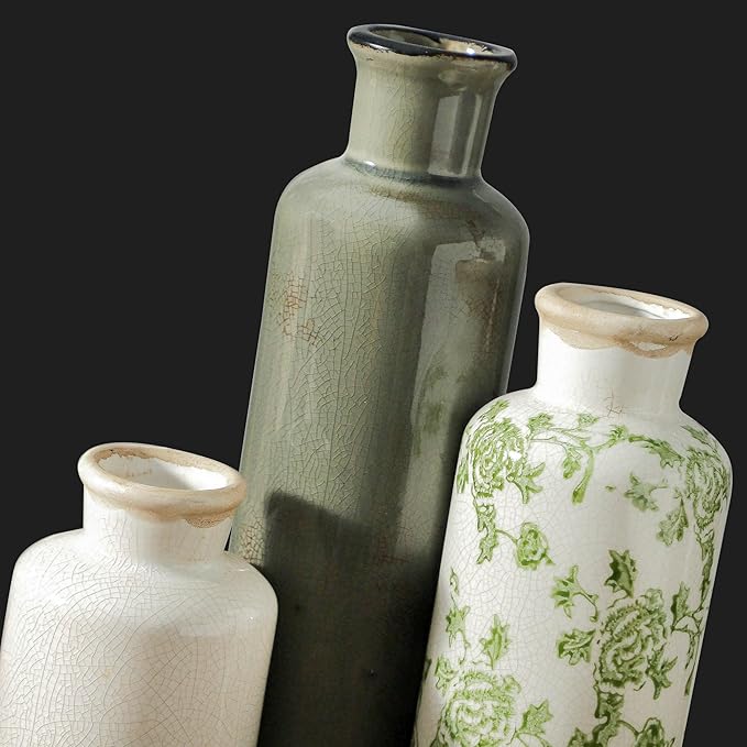 Vintage Vase Set of 3, Ceramic Vintage Flower Vases, Chinoiserie Decorative Home Decor Retro Floral Vase Rustic Farmhouse Decor for Table Bookshelf Mantel Kitchen Living Room Office - Green and Beige-Ruum Studio Home