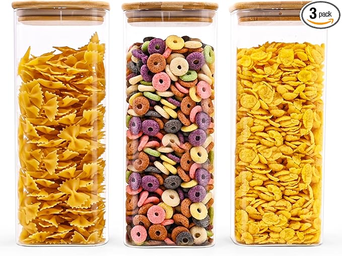 Glass Food Storage Jars Square 61oz, 3 Pack Glass Jars With Bamboo Lids, Kitchen Storage Containers For Spice, Candy, Cookie, Storage For Pantry Organizers-Ruum Studio Home
