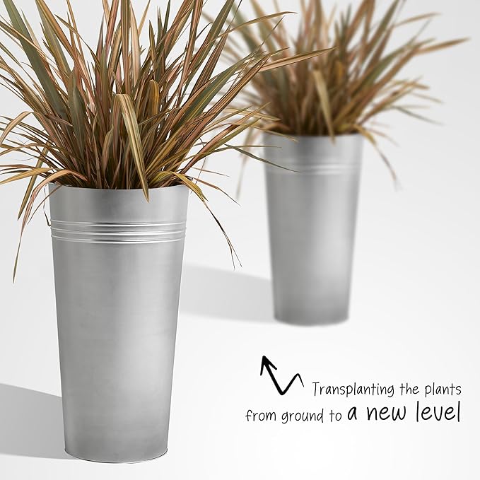 KOL 28'' Tall Galvanized Steel Planter Pot - Flower Pot with Water Level Indicator for Plants - 2-Pack Self Watering Planters - Round Silver Powder Metal Planter Box - Indoor Outdoor Grande Plant-Ruum Studio Home