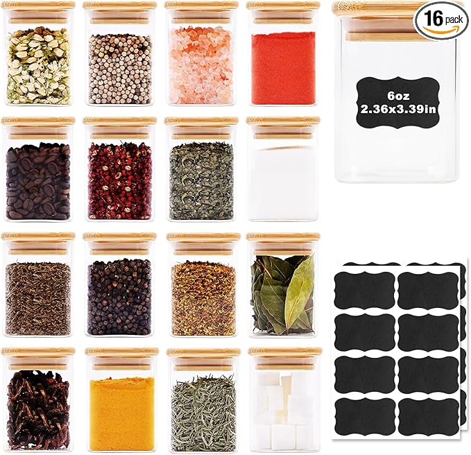 Glass Food Storage Jars Square 6oz, 16 Pack Glass Jars With Bamboo Lids, Kitchen Storage Containers For Spice, Candy, Cookie, Storage For Pantry Organizers-Ruum Studio Home