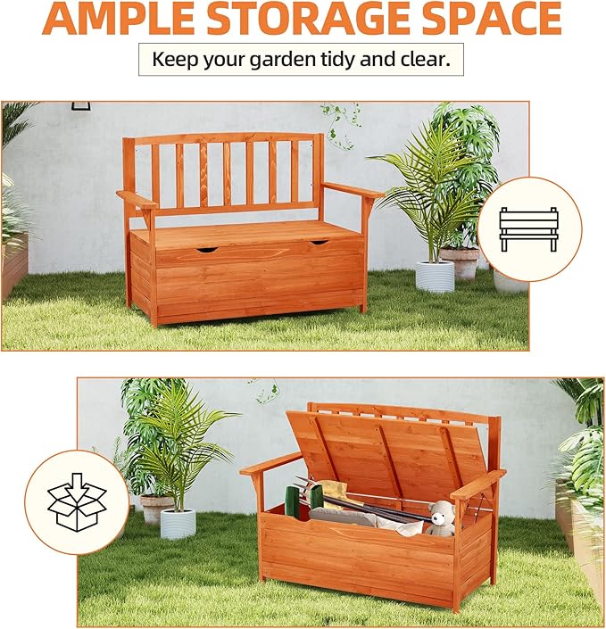 AVAWING Outdoor Storage Bench, Wooden Garden Bench Weatherproof, Patio Benches for Outside, 2-Seat Front Porch Bench, Park Bench for Deck, Lawn, Backyard(Natural)-Ruum Studio Home