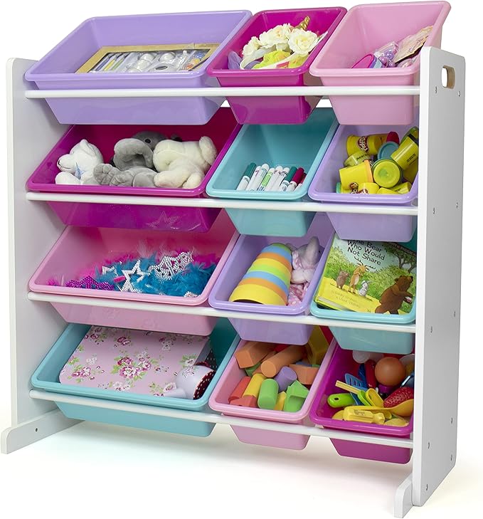 Humble Crew Kids Toy Storage Organizer with 12 Plastic Bins, White/Pink/Purple/Turquoise – Removable Bins for Playroom, Bedroom, Toddler Furniture for Boys and Girls Ages-Ruum Studio Home
