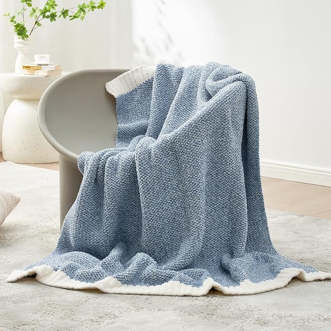 Snuggle Sac Blue Throw Blankets for Couch, Reversible Super Soft Warm Blankets Cozy Knit Blanket Fuzzy Plush Throws for Sofa, Bed, Gift, Heather Blue, 50 x 60 inches-Ruum Studio Home