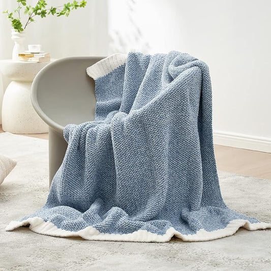 Snuggle Sac Blue Throw Blankets for Couch, Reversible Super Soft Warm Blankets Cozy Knit Blanket Fuzzy Plush Throws for Sofa, Bed, Gift, Heather Blue, 50 x 60 inches-Ruum Studio Home