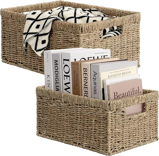 StorageWorks Wicker Storage Baskets, Large and Small Baskets, Handwoven Seagrass Basket for Organizing, Decorative Organizers with Built-in Handles, Set of 2-Ruum Studio Home