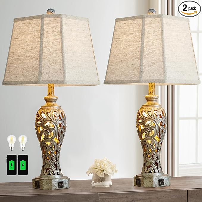 Vintage Table Lamps Set of 2 for Living Room Bedroom, 2 USB Ports 25'' Rustic Farmhouse Desk Lamp with Nightlight, Iron Gray Hollow Out Resin Lamp for End Table (Bulbs Included)-Ruum Studio Home