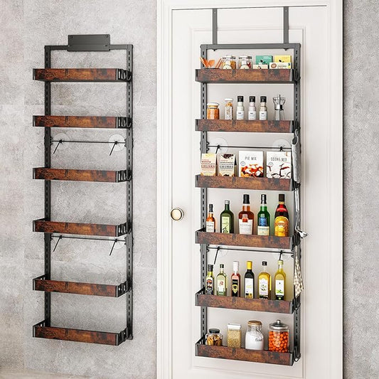 bukfen Over the Door Pantry Organizer, 6-Tier Adjustable Wooden Basket Kitchen Pantry Door Organization and Storage, Heavy-Duty Metal Hanging Kitchen Spice Rack,D6.3 x W17.71 x H50.60 inch,1 Pack-Ruum Studio Home