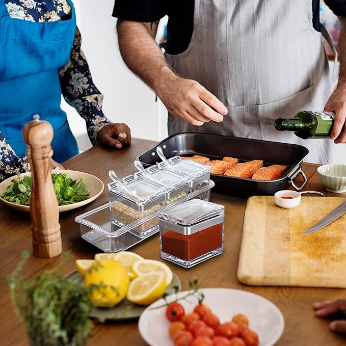 2 Set Acrylic Seasoning Organizer Box 8 Pcs Clear Seasoning Rack Spice Pots Condiments Containers with Lids and Spoons Storage Container Spice Jar for Salt Sugar Cruet Kitchen Cooking Organizer-Ruum Studio Home