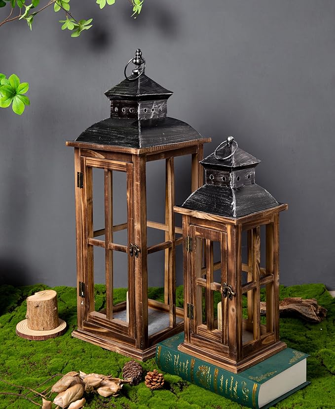 Large Farmhouse Decorative Wooden Lanterns Set of 2, Rustic Burnt Wood Floor Lanterns, Indoor/Outdoor Hurricane Lanterns for Home Decor (No Glass)-Ruum Studio Home