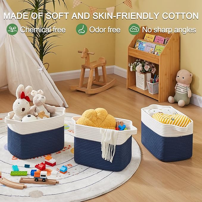 OIAHOMY Storage Baskets - Woven Cotton Rope Baskets for Shelves, Toy Towel Organizer Bins, Pack of 3, Blue & White-Ruum Studio Home
